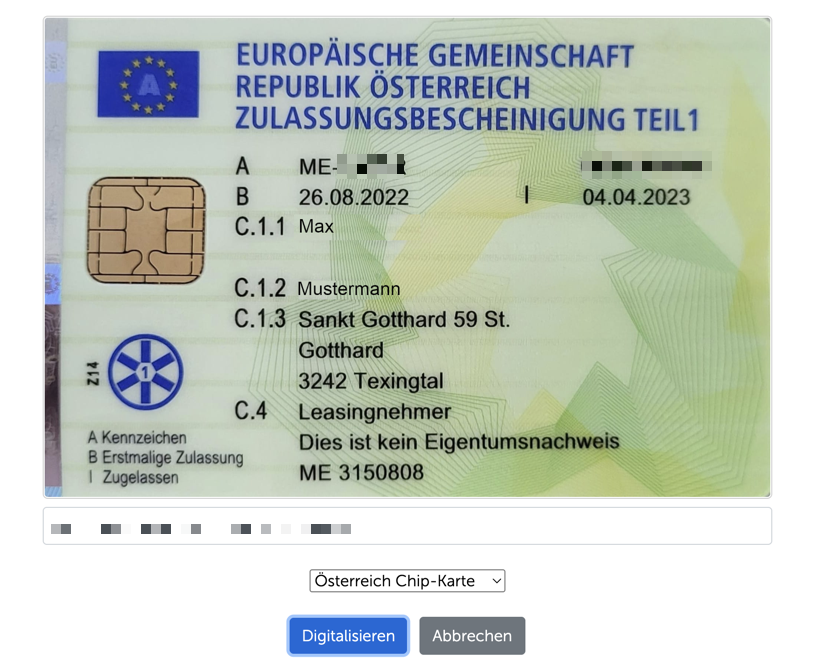 Vorderseite eines Scheckkarten-Zulassungsscheins aus Österreich im Scanner, persönliche Daten geschwärzt