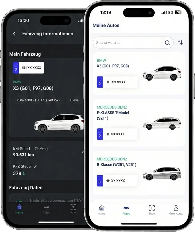 Fahrzeugschein.de App mit digitalem Fahrzeugschein und Fahrzeugliste