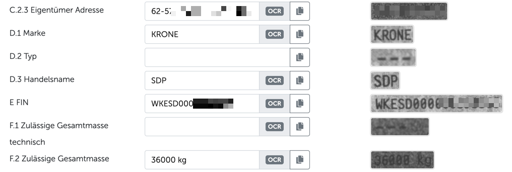 Felder eines polnischen Fahrzeugscheins, gelesen per OCR, persönliche Daten geschwärzt